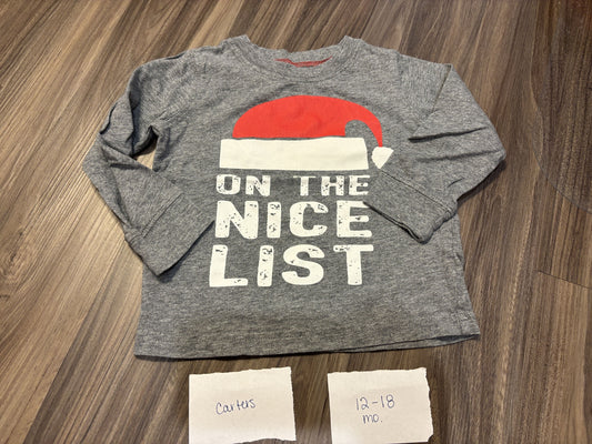 #138 - 12-18 Mo - VGUC Carters - On the Nice List LS Grey Shirt - PU 45236