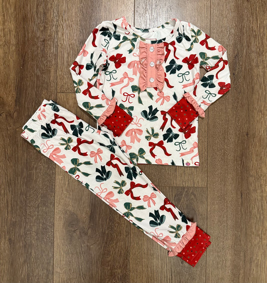 #173-Cheeky Plum holiday bow pajamas girls size 3T (see notes)