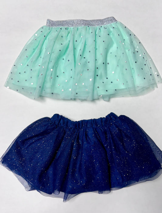 Elastic-waist tutu-style Skirts: navy with silver sparkles is 24mo, mint with silver polka dots is 18mo but they fit the same. EUC.