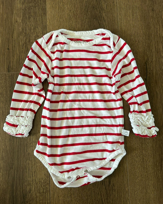 #173-RuffleButts red and white striped onesie girl size 18-24m