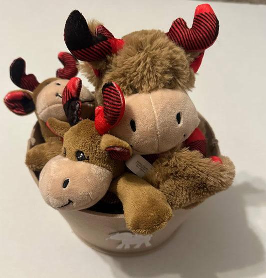 #160 Moose plaid baby set of soft sided container, stuffed animal, chew toy and lovey