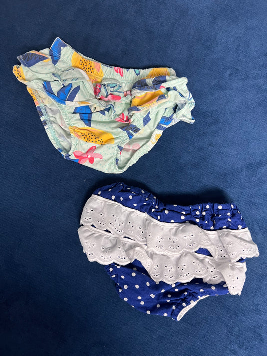 Bummies/ruffle bloomer bundle: girls 3T Floral Tea Collection and blue polka dot (small shop, size listed as 18-24mo but are the exact same fit as Tea. EUC. Both fit like 2/3.