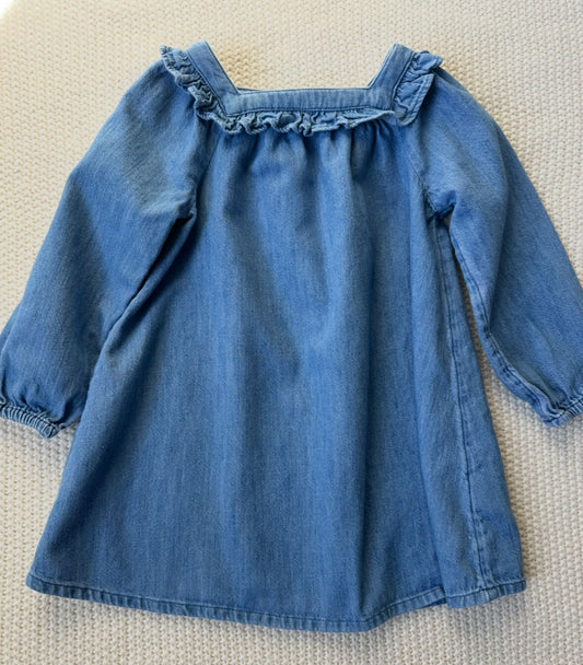 #93 Old Navy L/S Denim Ruffle Neck Dress Girls 3T