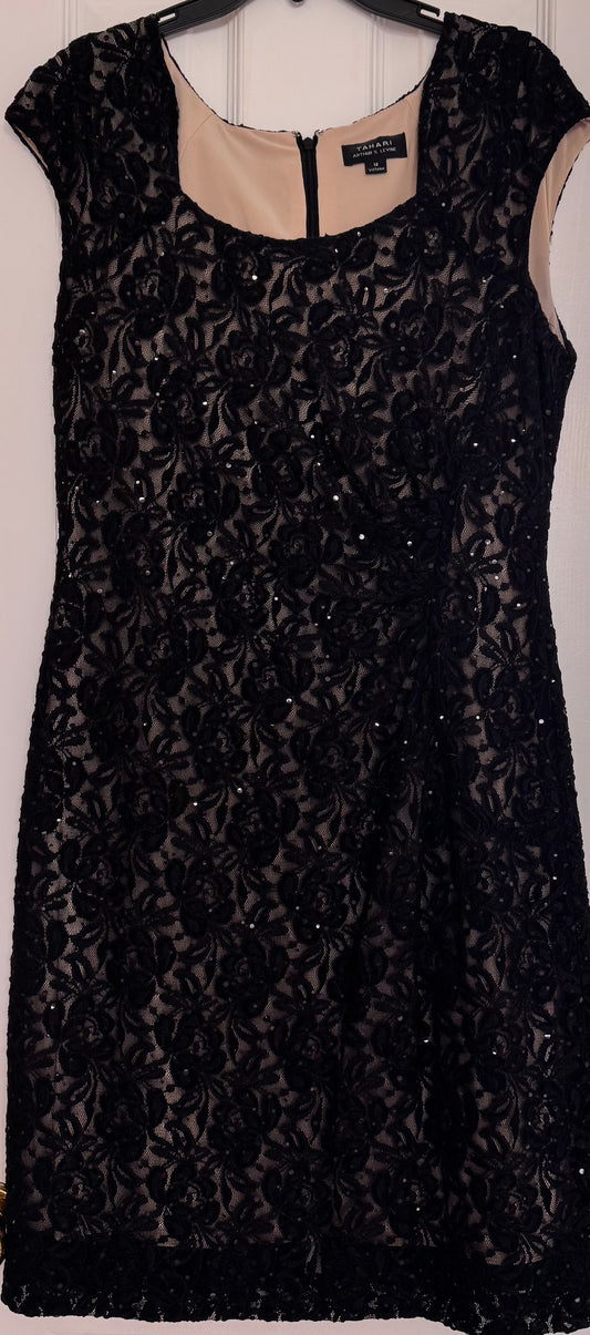 #133 Tahari Black Lace Beaded Dress Sz 12