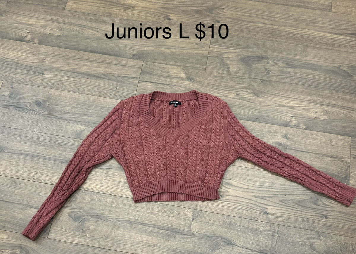 135 Juniors maroon v neck sweater, LN, only air dried, Size L fits like a medium