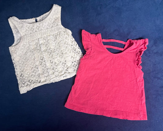 Toddler girls sleeveless tank shirt bundle. Sizes listed as 3T but fit a bit smaller, more like 2/3. White lace Osh Kosh and pink Jessica Simpson with adorable back detail and ruffle sleeves. VGUC.
