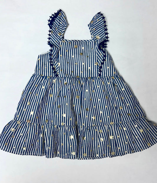 Cat & Jack toddler girl 18mo navy/white stripe dress with gold stars. EUC.