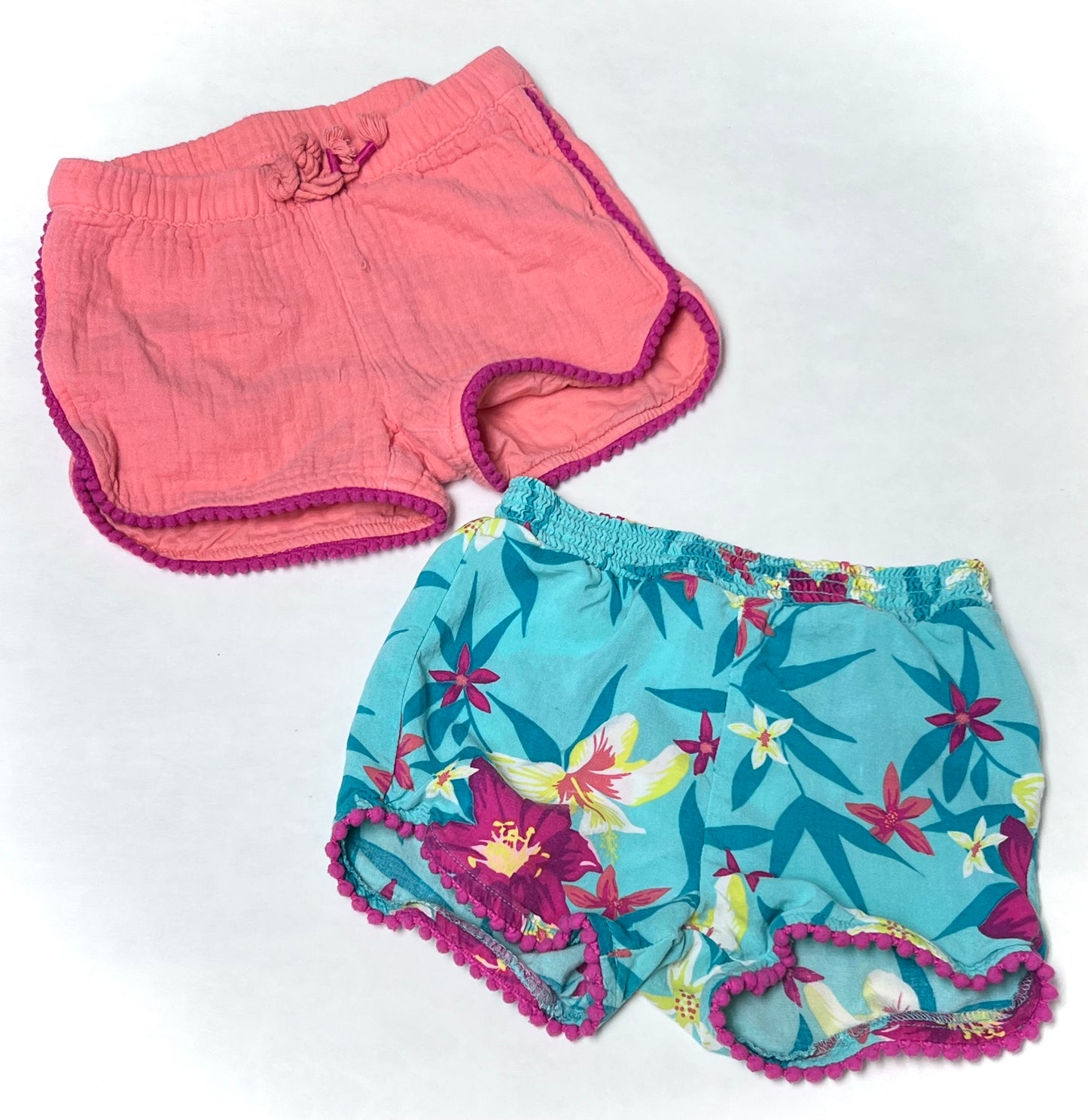 Pull-on shorts bundle, toddler girl: pink/coral 18mo Cat & Jack (but fit like 2T), floral Circo 2T. Great for over swimsuits! GUC.