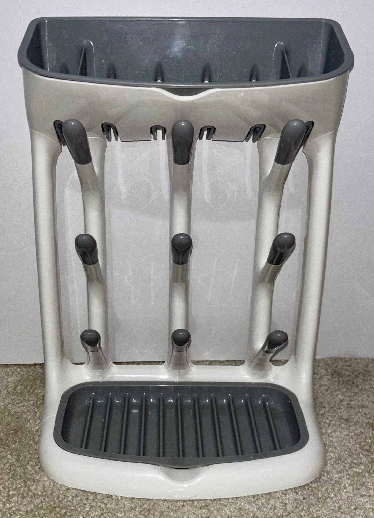 #132 - REDUCED-Oxo Tot: Space Saving Baby Bottle Drying Rack, Grey/White