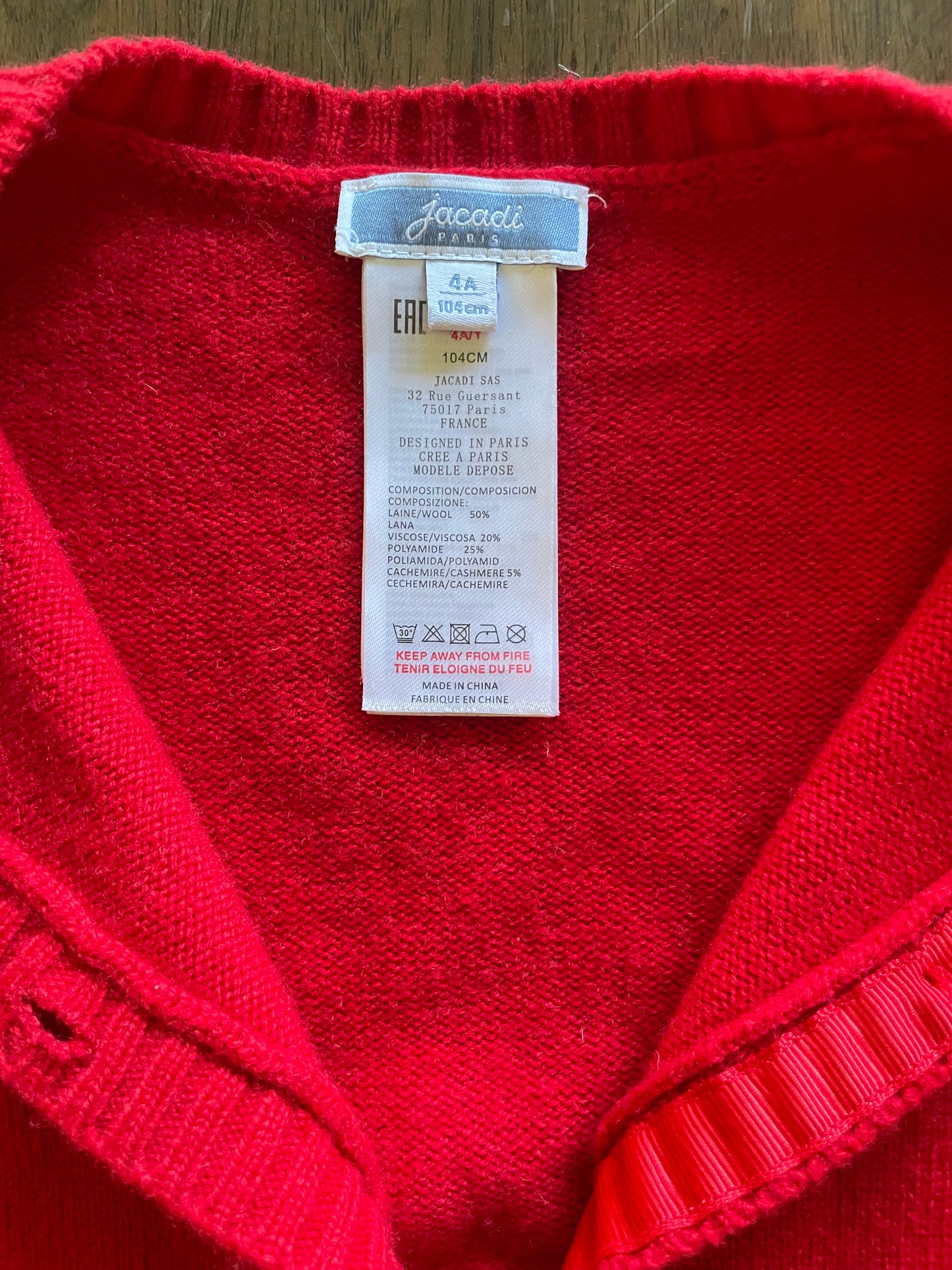 #52 - Jacadi Paris Girl’s Red Cardigan Sweater - Size 4  / 104 - Like New