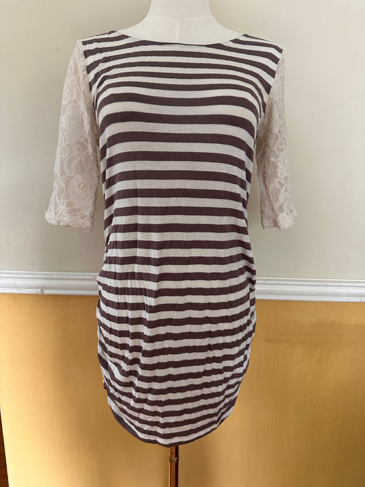 #163 Jessica Simpson Maternity Tan/Cream Striped Shirt - size S - EUC