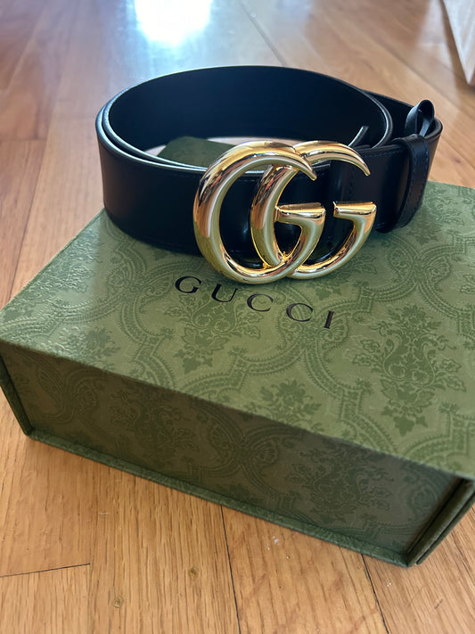 Gucci GG black 1.5" marmont belt with shiny gold - size 90