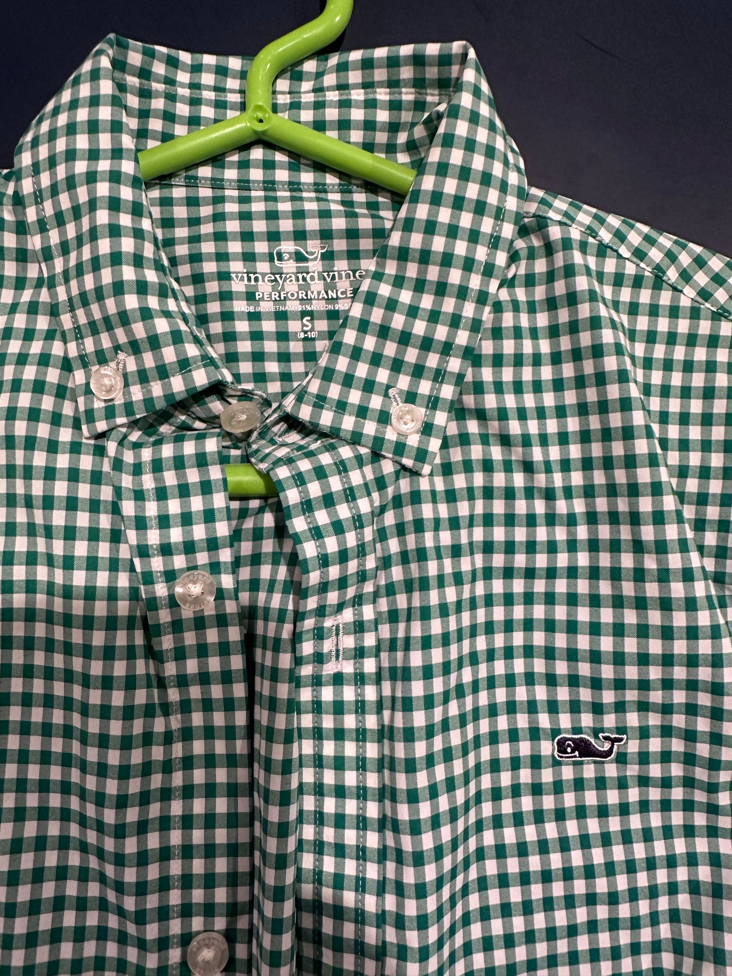 Vineyard Vines Boys Size Small 8-10 Green Gingham  Button Down Shirt Performance