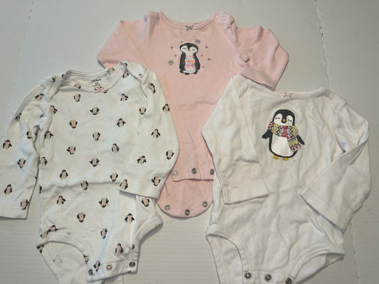 #211 REDUCED 12m Pink Penguin Onesie Set of 3