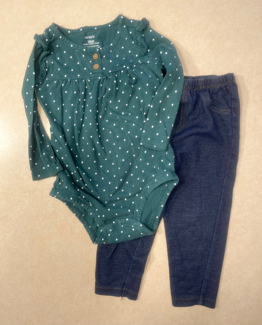 #200 Carter's Teal Bodysuit with Jean Leggings Girls 18m