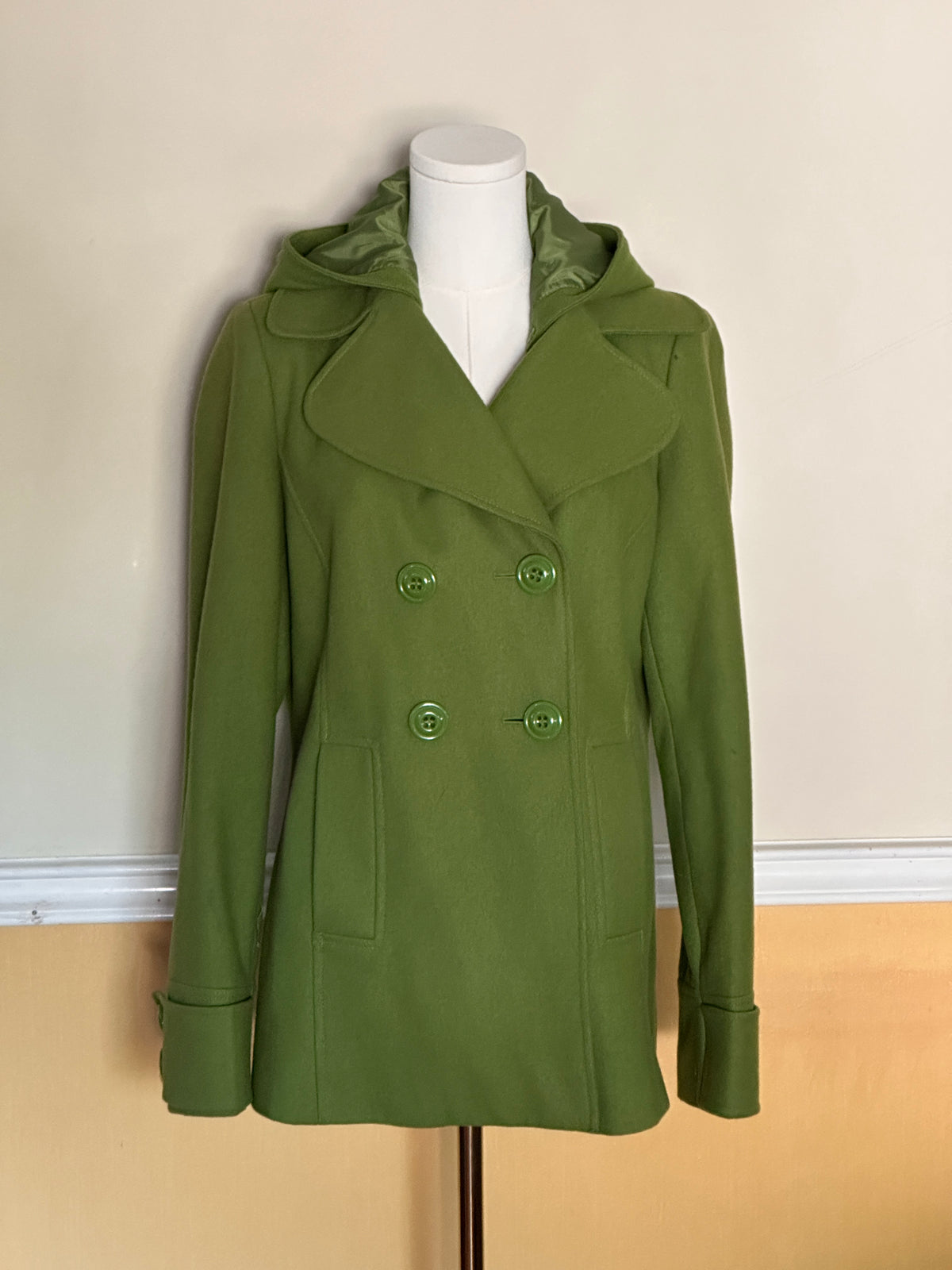 #163 New York & Company Green Wool Coat with Removable Hood - Women's 6 - EUC