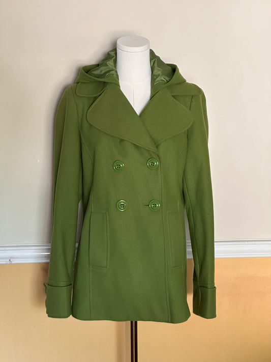 #163 New York & Company Green Wool Coat with Removable Hood - Women's 6 - EUC