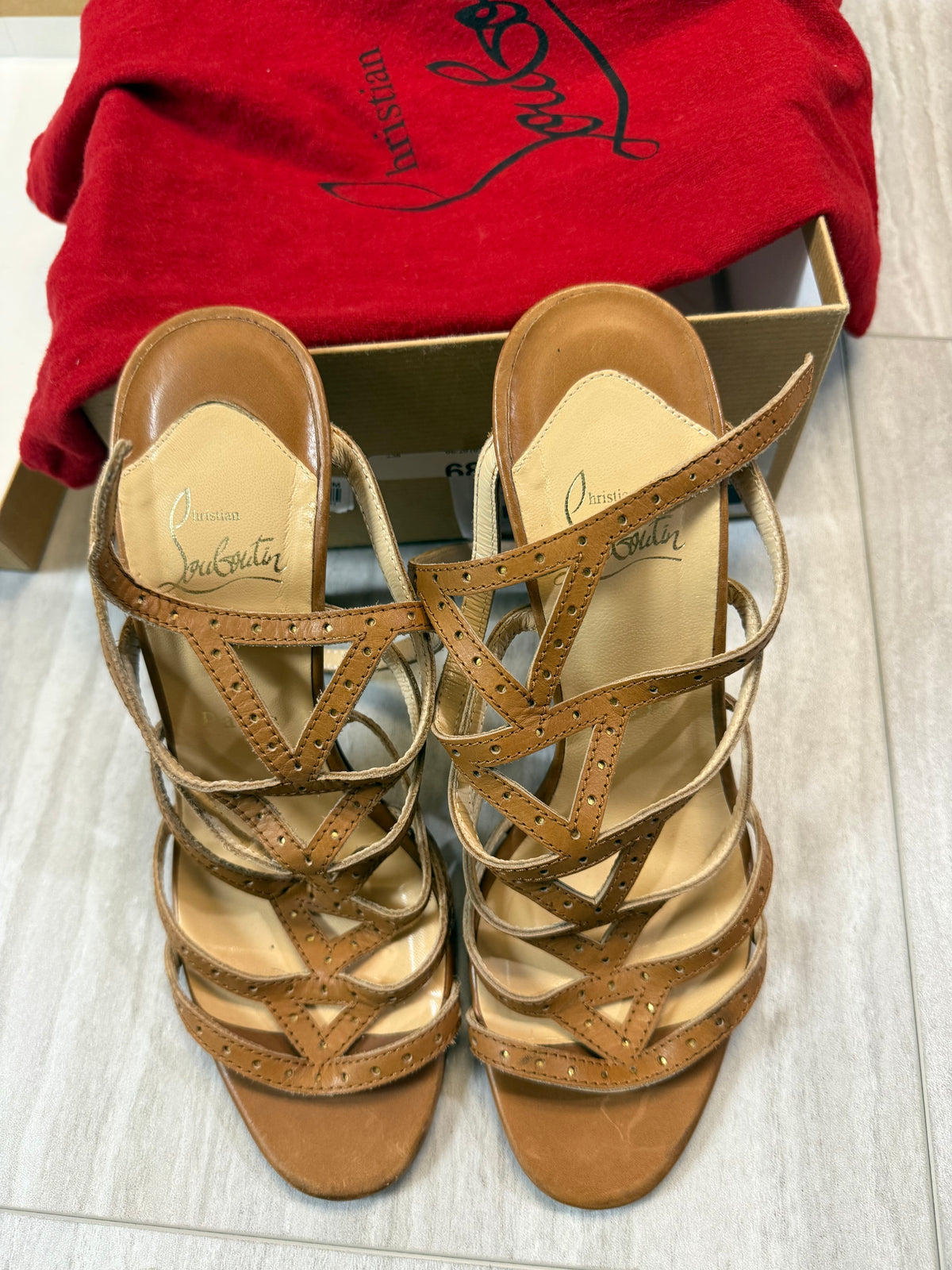 #110 Women’s  Christian Louboutin Authentic Calf & Gold Strappy Sandals – Size 38