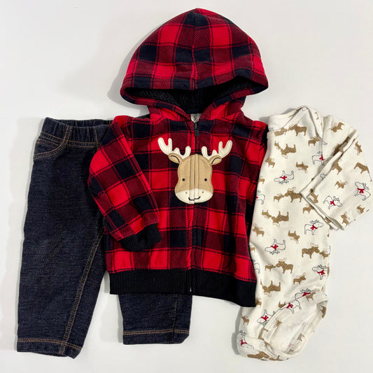 #132 - REDUCED- Bundle of Carter's: Reindeer  Full-Zip Hoodie, Long-Sleeved Bodysuit/Onesie & Pull-On Jeans, 9M