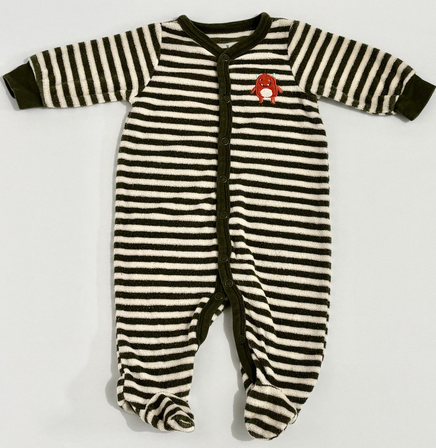 #132 - REDUCED - Carter's: Little Monster Olive Green/Cream Striped Sleeper Pajamas, 3M