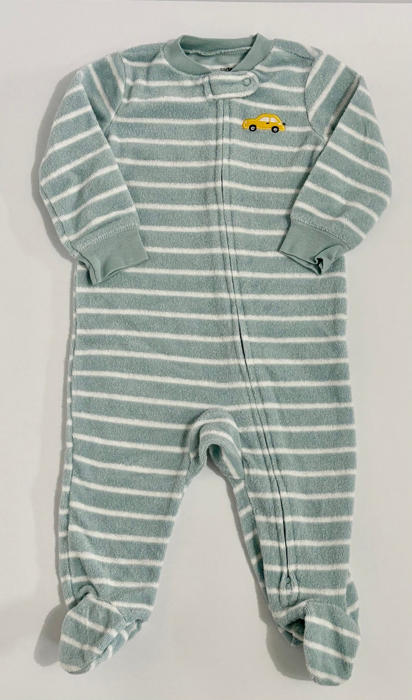 #132 - REDUCED- Carter's: Cars Light Blue/White Striped Sleeper Pajamas, 9M