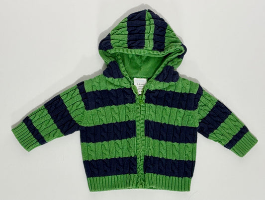 #132 - REDUCED - Gymboree: Green/Navy Striped Full-Zip Hooded Cardigan Sweater, 0-3M