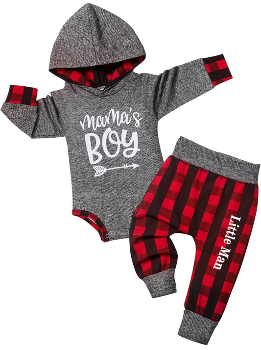 #132 - REDUCED - "Mama's Boy/Little Man" 2 Piece Grey & Red Plaid Outfit, 9-12M