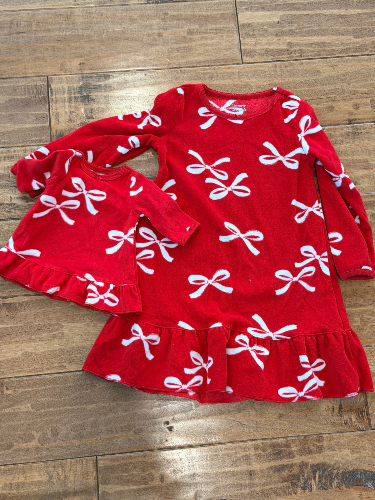 #99 girls carters red fleece bow pajamas with doll outfit size 2