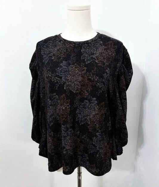 #111 Zara Trafaluc S/S 18 Black Metallic Floral Print Puff Sleeve Top Womens Blouse