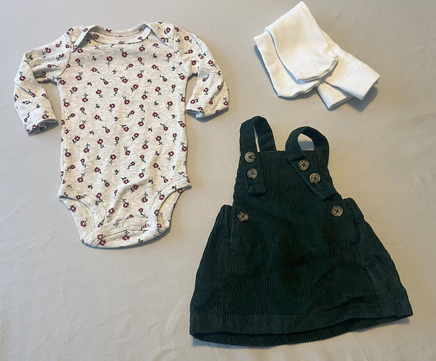#211 REDUCED Carters NB Forest Green Courderoy Dress/Onesie/Tights