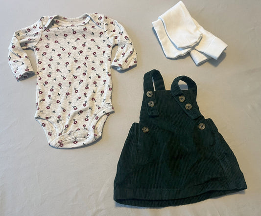 #211 REDUCED Carters NB Forest Green Courderoy Dress/Onesie/Tights