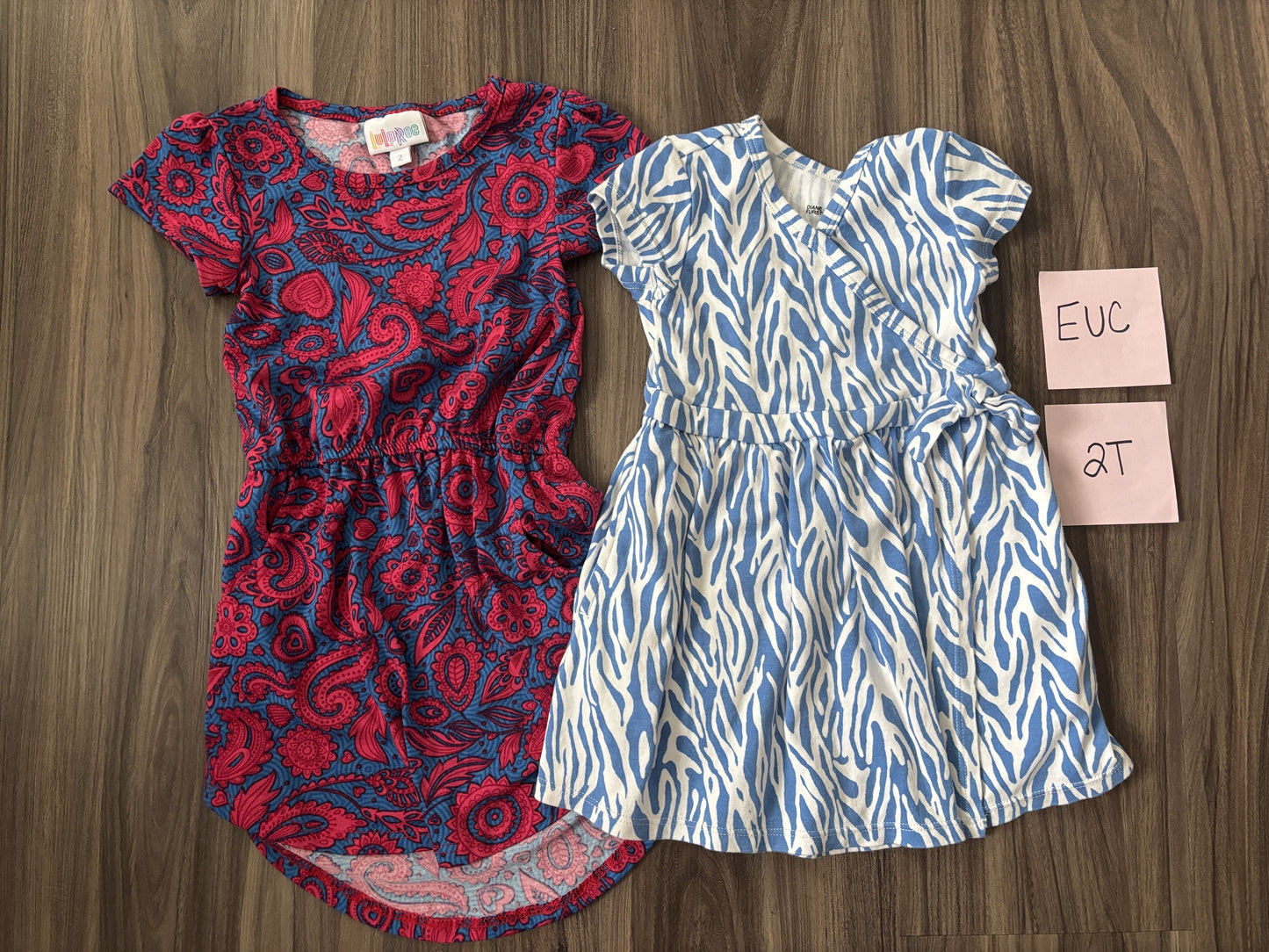 #77 - 2T - EUC LulaRoe + Diane Furstenberg (for target) - 2 Patterned Dresses (pink floral, blue pattern)