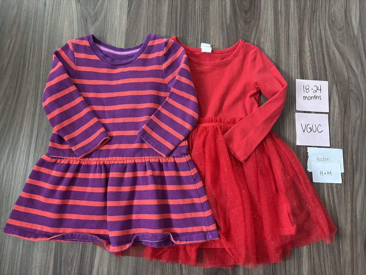 #138 - 18-24 Mo VGUC (2) Dresses H&M/Boden (purple stripe + red)