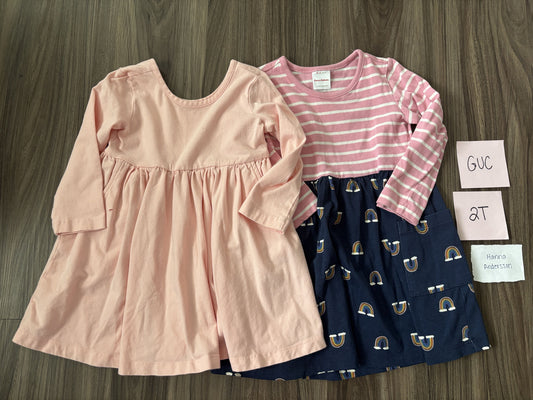 #138 - 2T GUC Hanna Andersson (2) Dresses (Pink + Rainbow) **Small slit in pink dress but double lined**