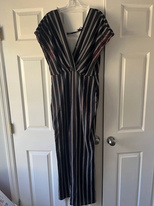 **REDUCED** Lush Women's Black and Red Striped Jumpsuit Size M