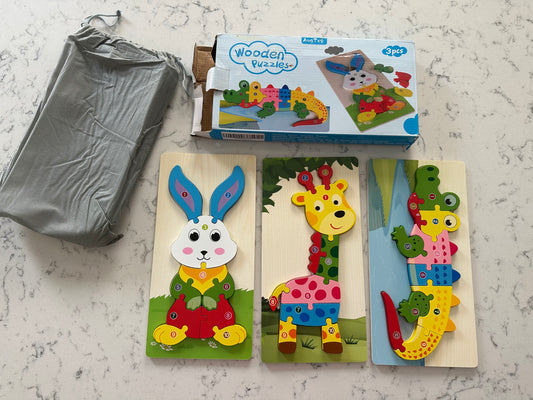 Seller 42, Wood Puzzle Set, Bunny/Giraffe/Alligator, EUC