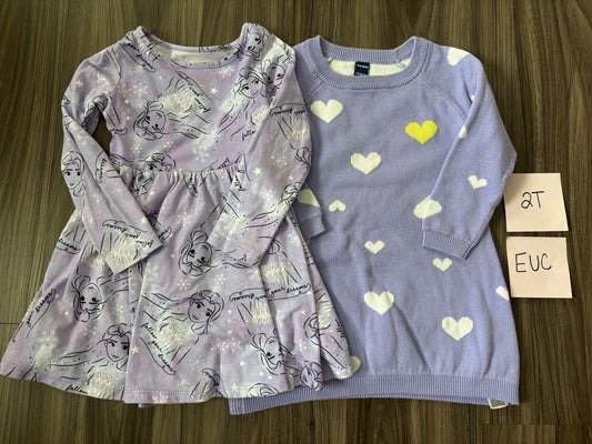 #138 - 2T EUC (2) Dresses (purple Elsa + purple hearts)