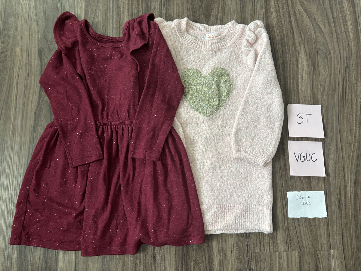 #138 - 3T VGUC Cat & Jack Dresses (maroon, pink sweater dress)