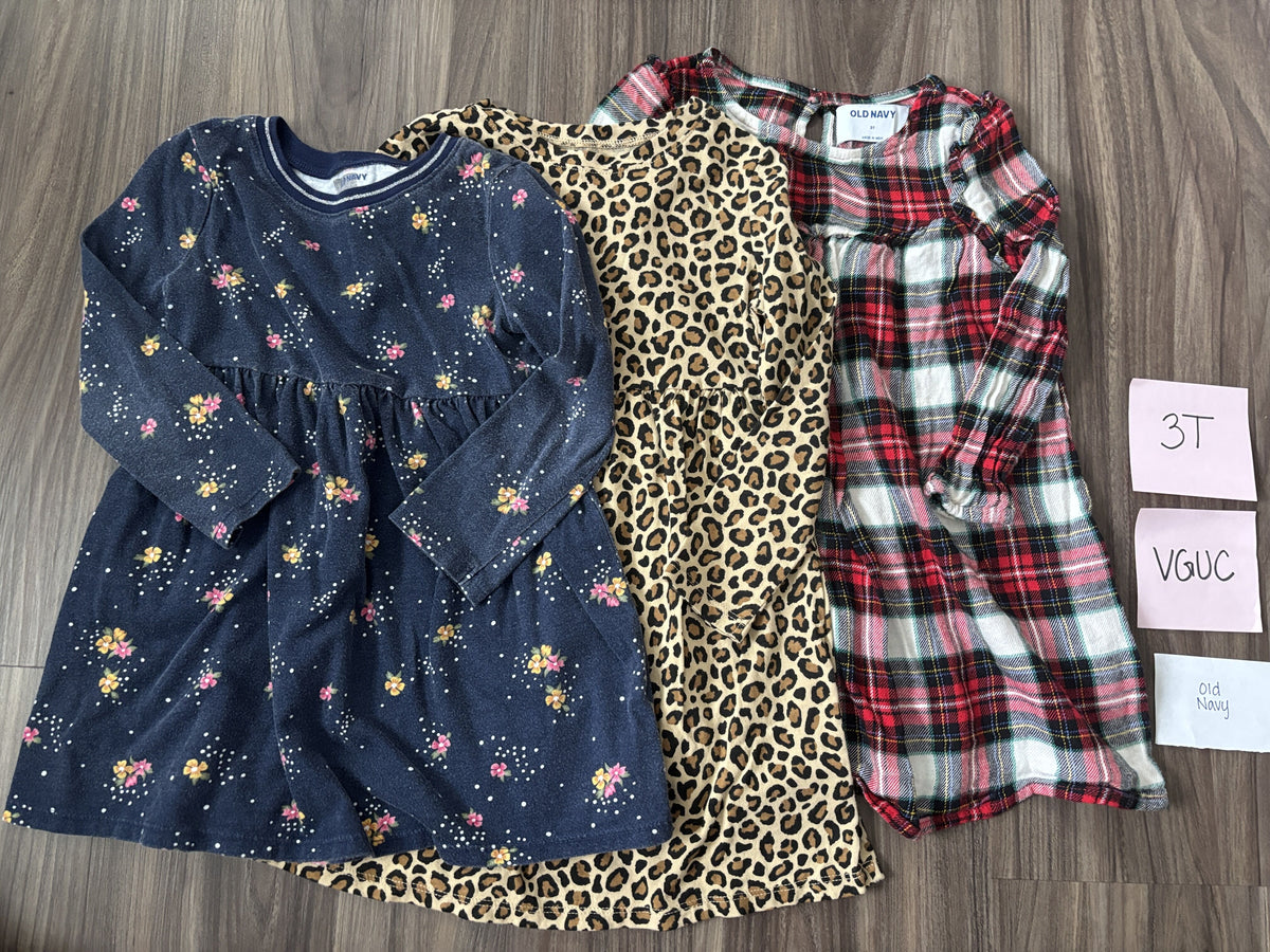 #138 - 3T VGUC Old Navy Dresses (navy floral, cheetah, red plaid)