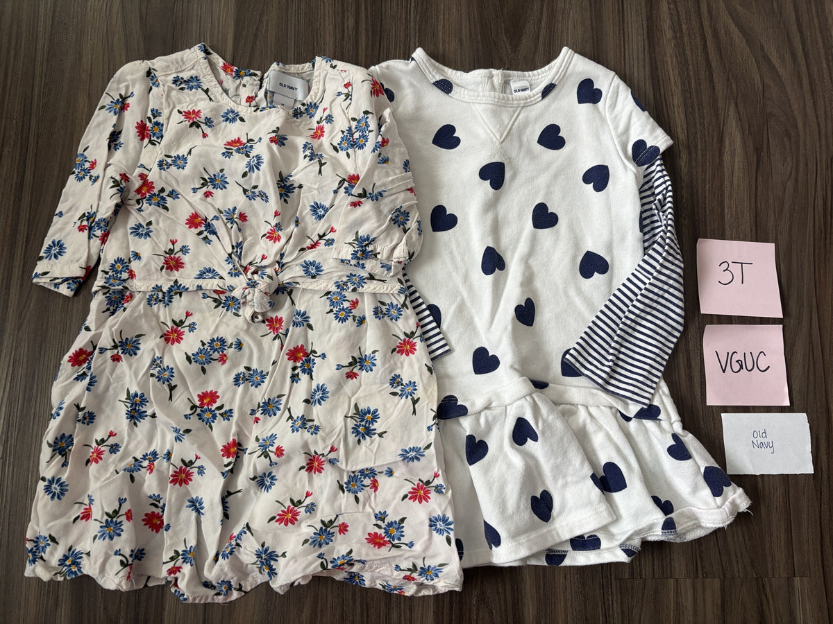 #138 - 3T VGUC Old Navy Dresses (red/blue flora, navy hearts)