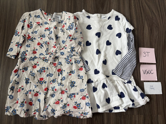 #138 - 3T VGUC Old Navy Dresses (red/blue flora, navy hearts) REDUCED