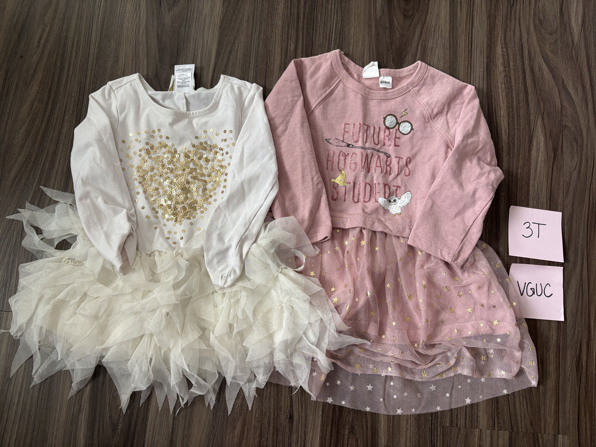 #138 - 3T VGUC Dresses (white/gold heart tutu + pink hogwarts)