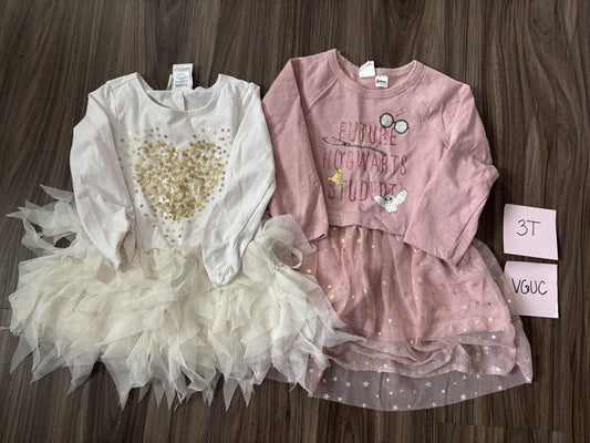 #138 - 3T VGUC Dresses (white/gold heart tutu + pink hogwarts) REDUCED
