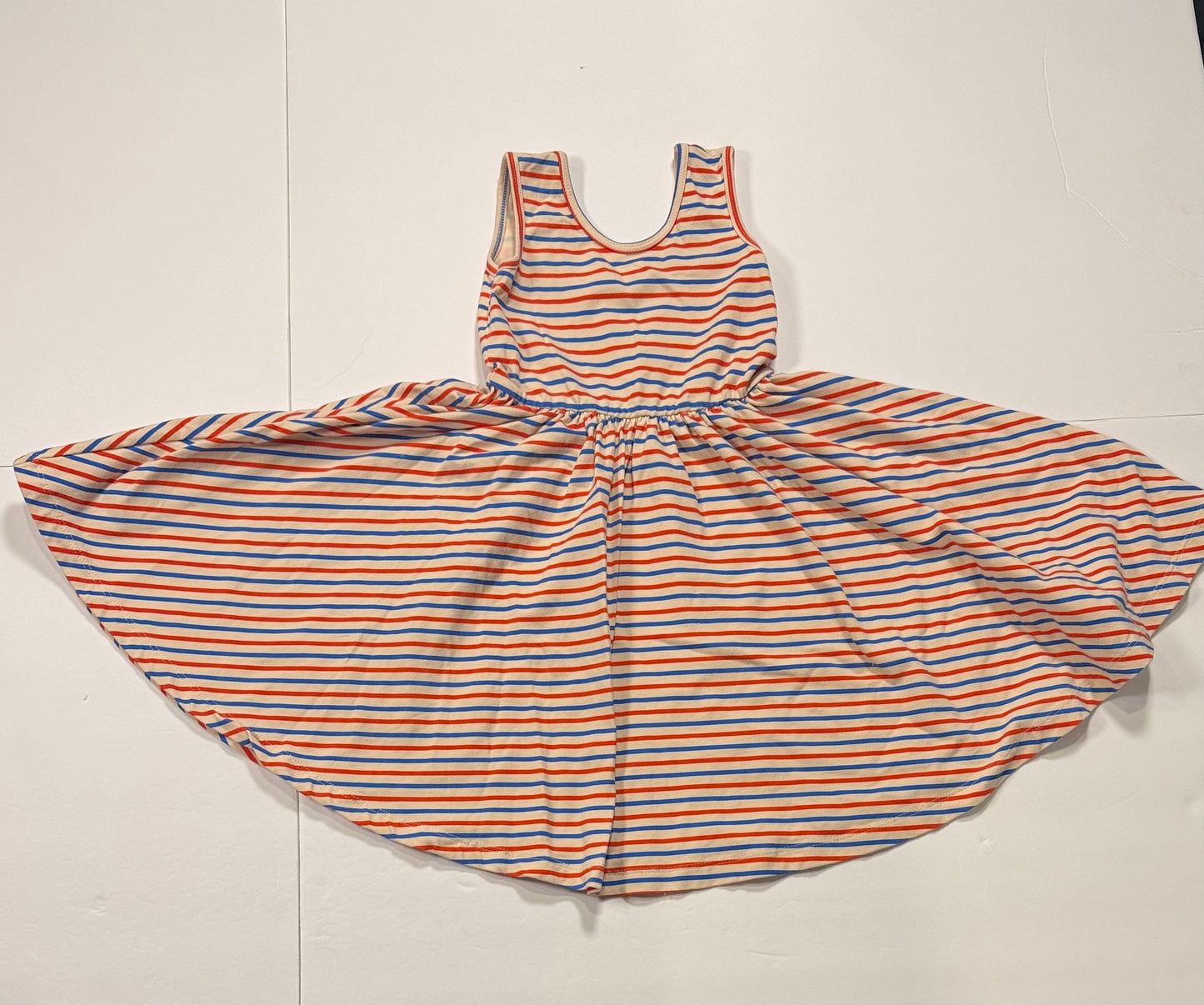 #141 Girls 5 Alice & Ames Cream Twirl Dress with Red and Blue Strips