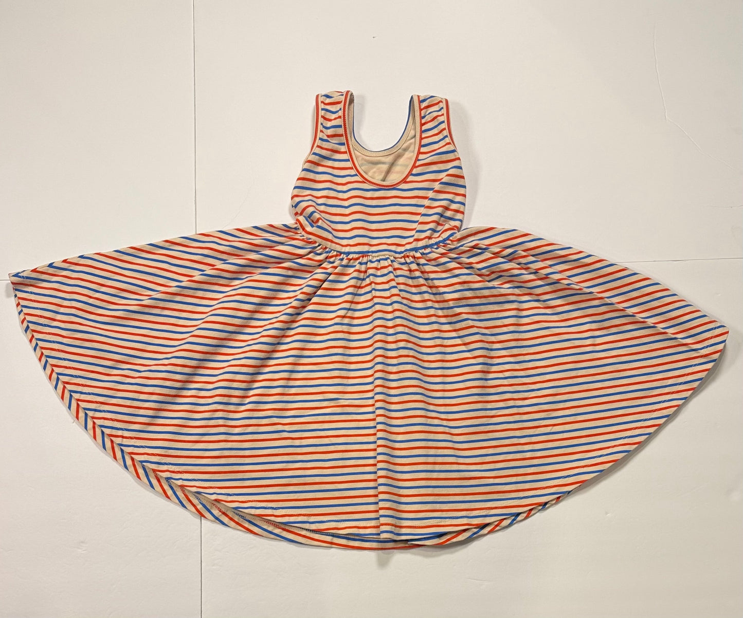 #141 Girls 5 Alice & Ames Cream Twirl Dress with Red and Blue Strips