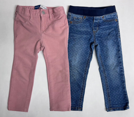 Girls 2T pants bundle: pink Old Navy ballerina skinny (GUC), Cherokee denim with dots and elastic waistband (VGUC)