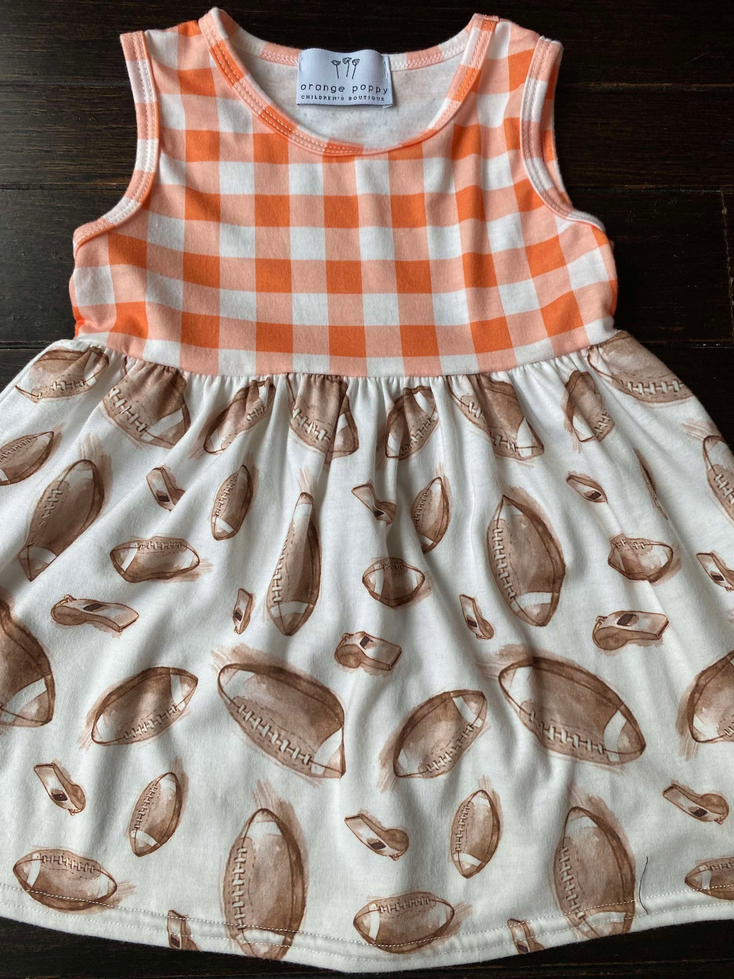 #117, Orange Poppy Boutique football dress, Girls 2T, VGUC