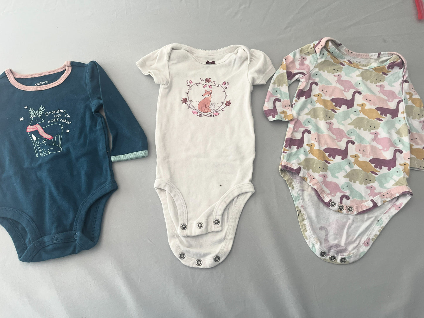 #211 REDUCED 3m Deer/Fox/Dino Onesie Set
