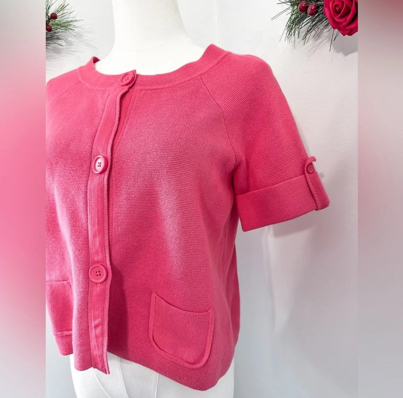 #111 Loft Womens Pink Short Sleeve Sweater Button Up Cardigan Small