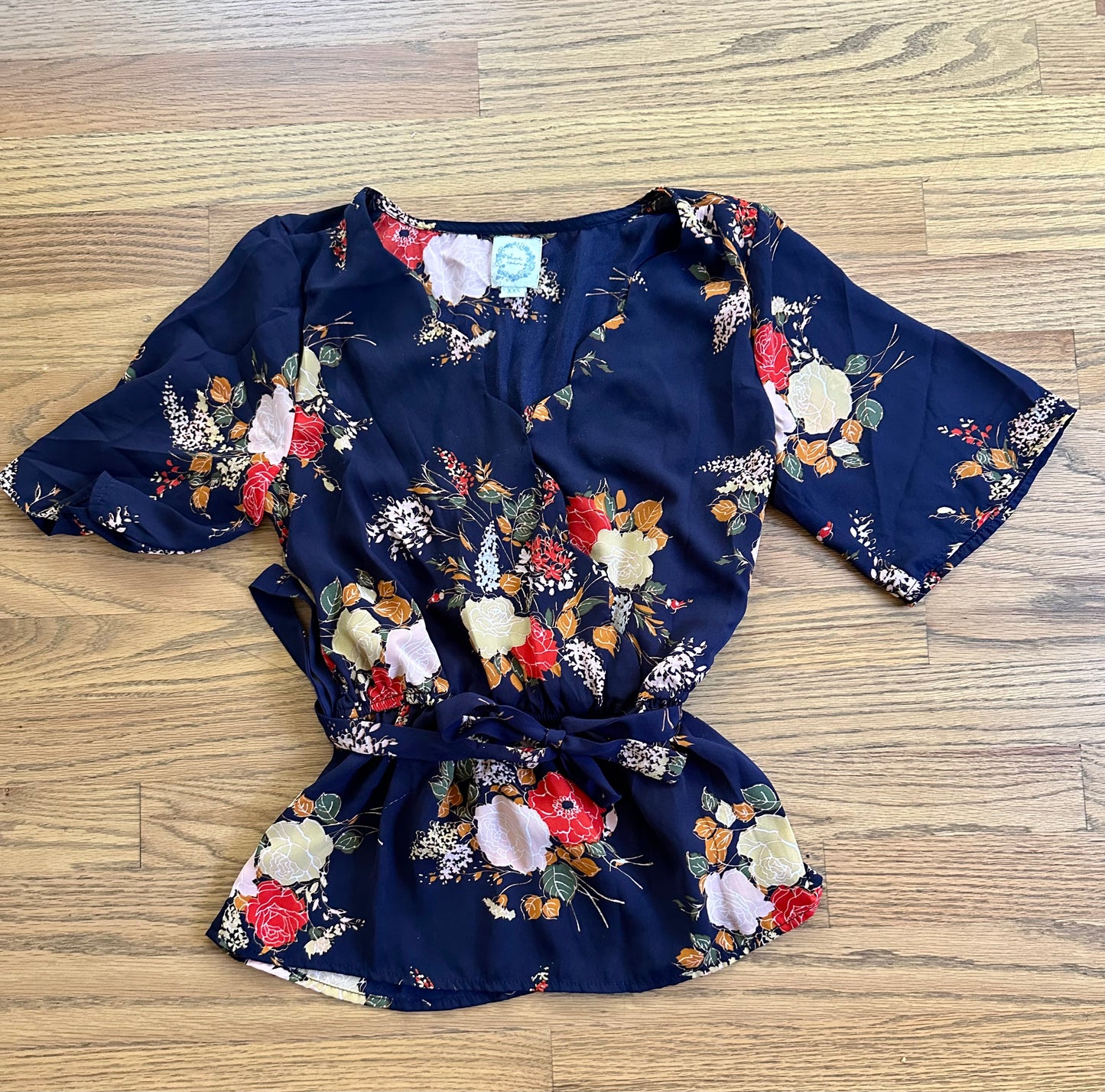 #198- Women’s, Blue Rain, Navy Floral Top- Size XXS
